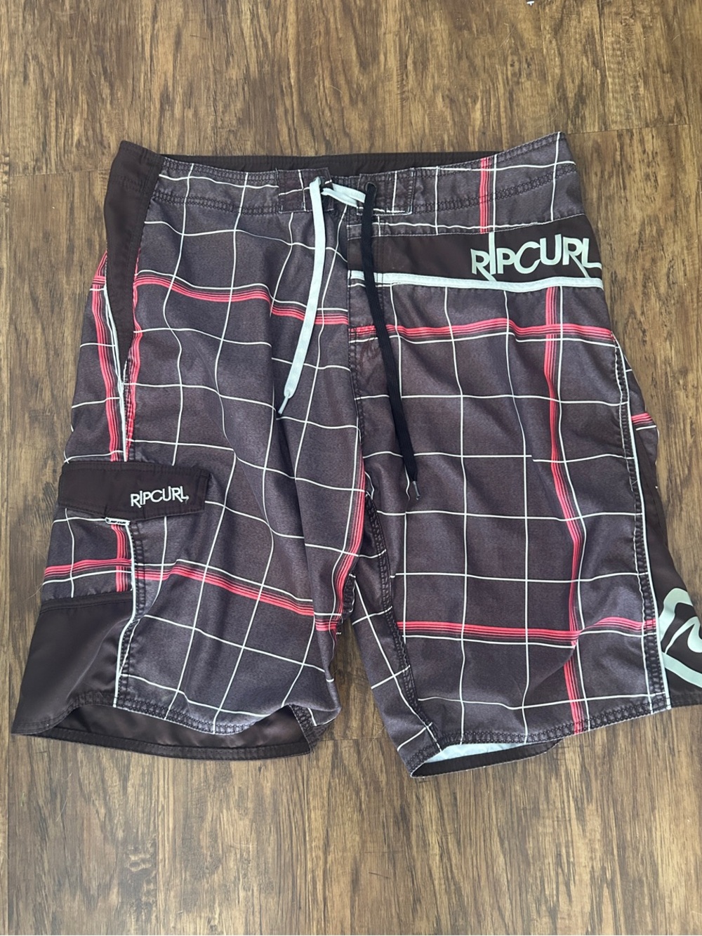 Rip Curl Black Swim Board Shorts with Red & White Windowpane